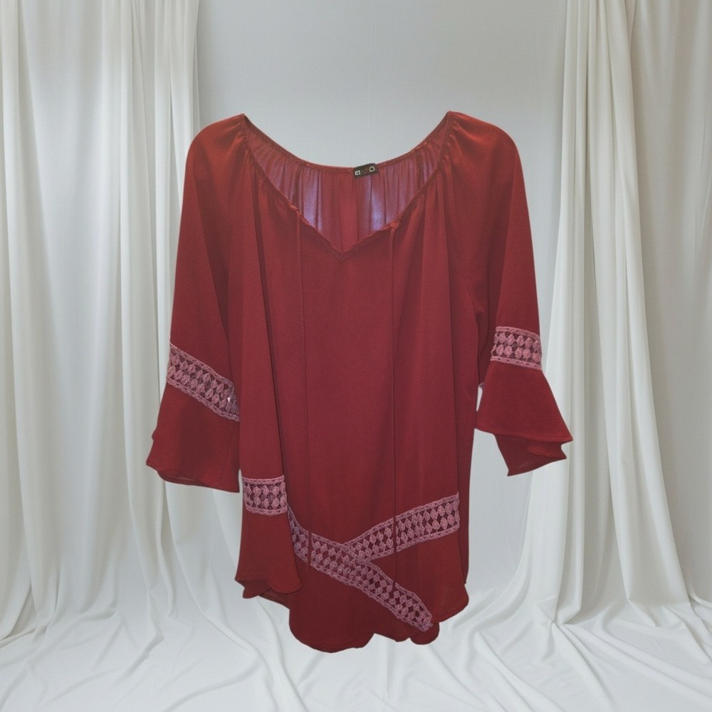 Vision‎ USA Burgundy Boho Crochet Trim Bell Sleeve Blouse